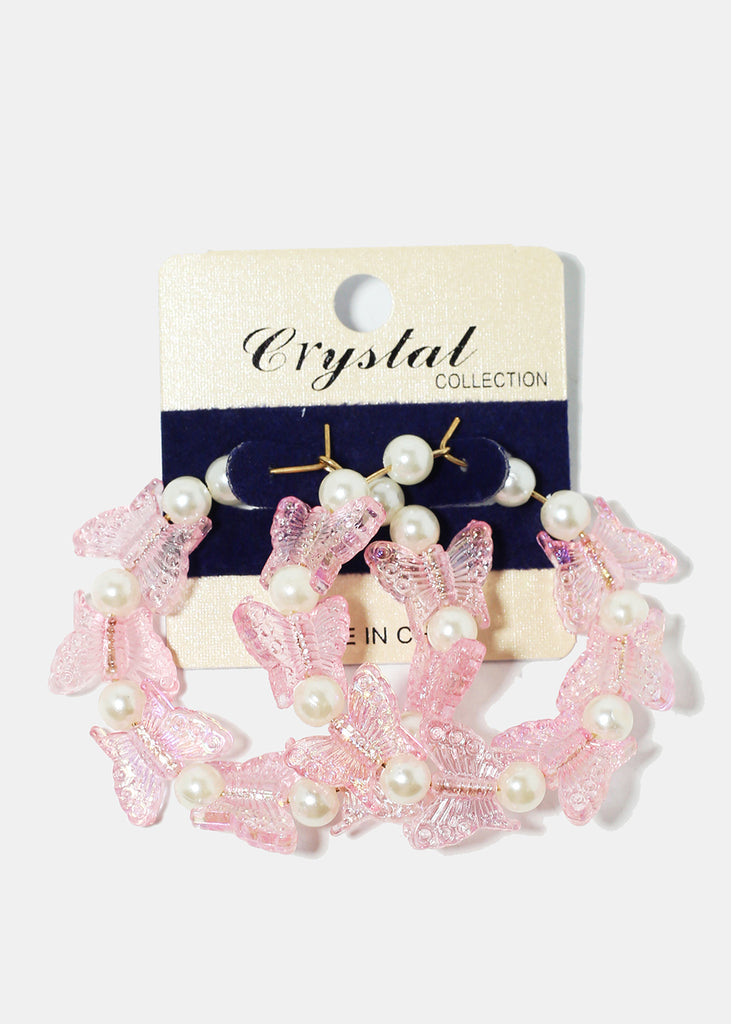 Butterfly & Pearl Hoop Earrings Light Pink JEWELRY - Shop Miss A