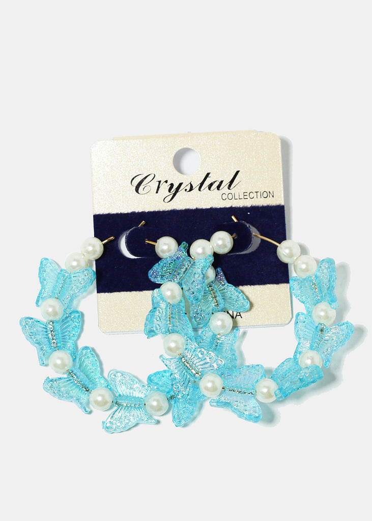 Butterfly & Pearl Hoop Earrings Blue JEWELRY - Shop Miss A