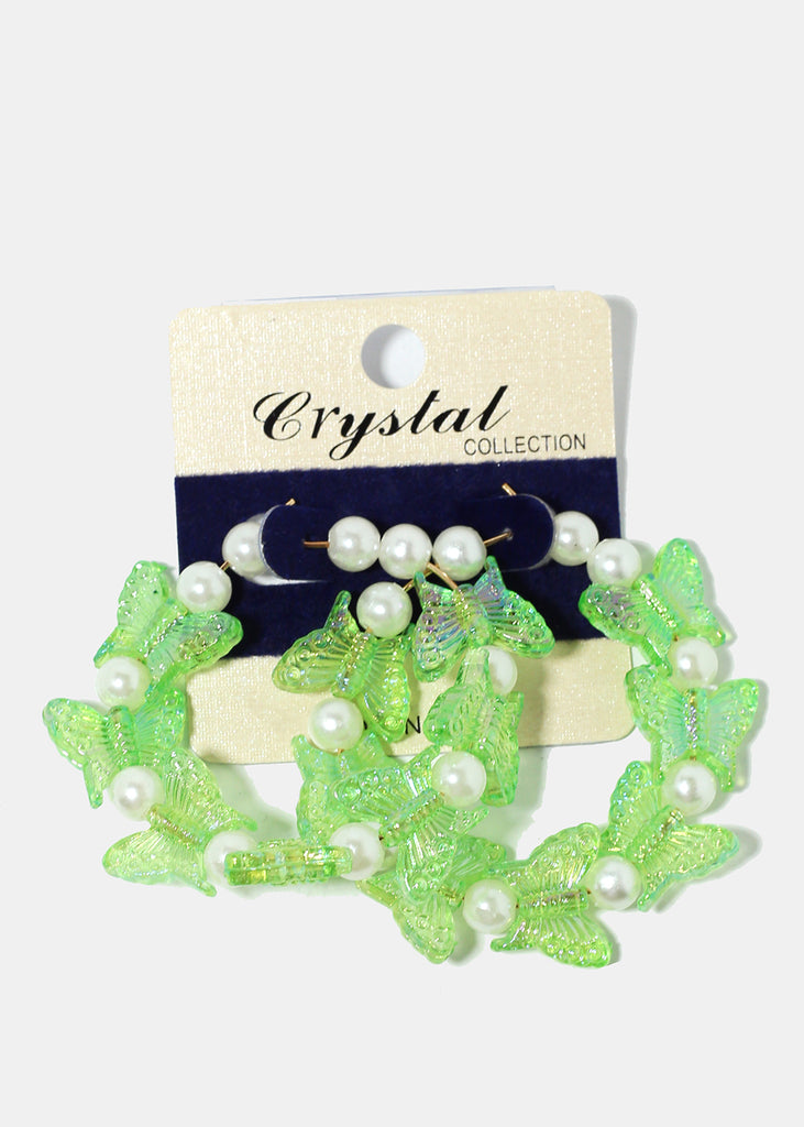 Butterfly & Pearl Hoop Earrings Green JEWELRY - Shop Miss A