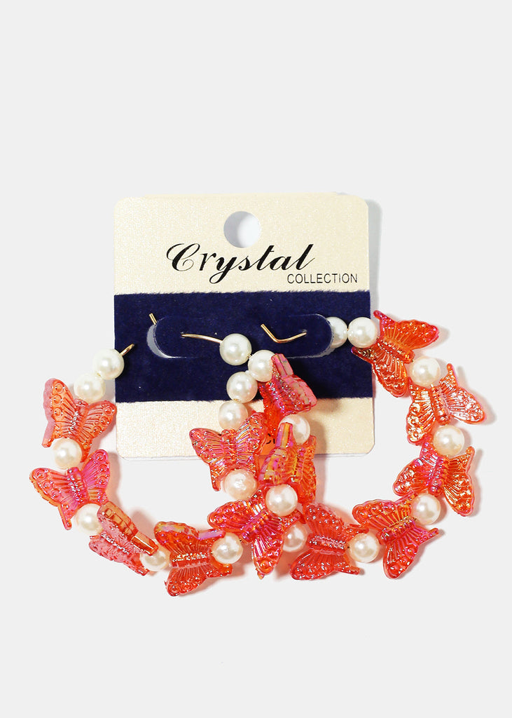Butterfly & Pearl Hoop Earrings Red JEWELRY - Shop Miss A