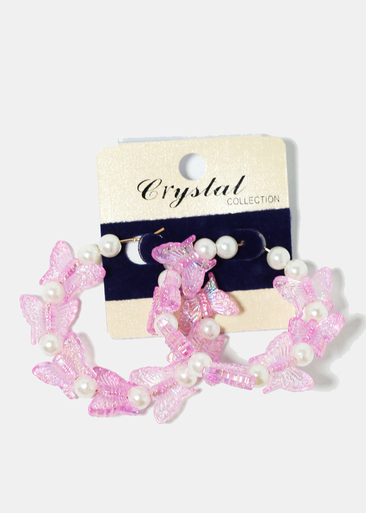 Butterfly & Pearl Hoop Earrings Pink JEWELRY - Shop Miss A
