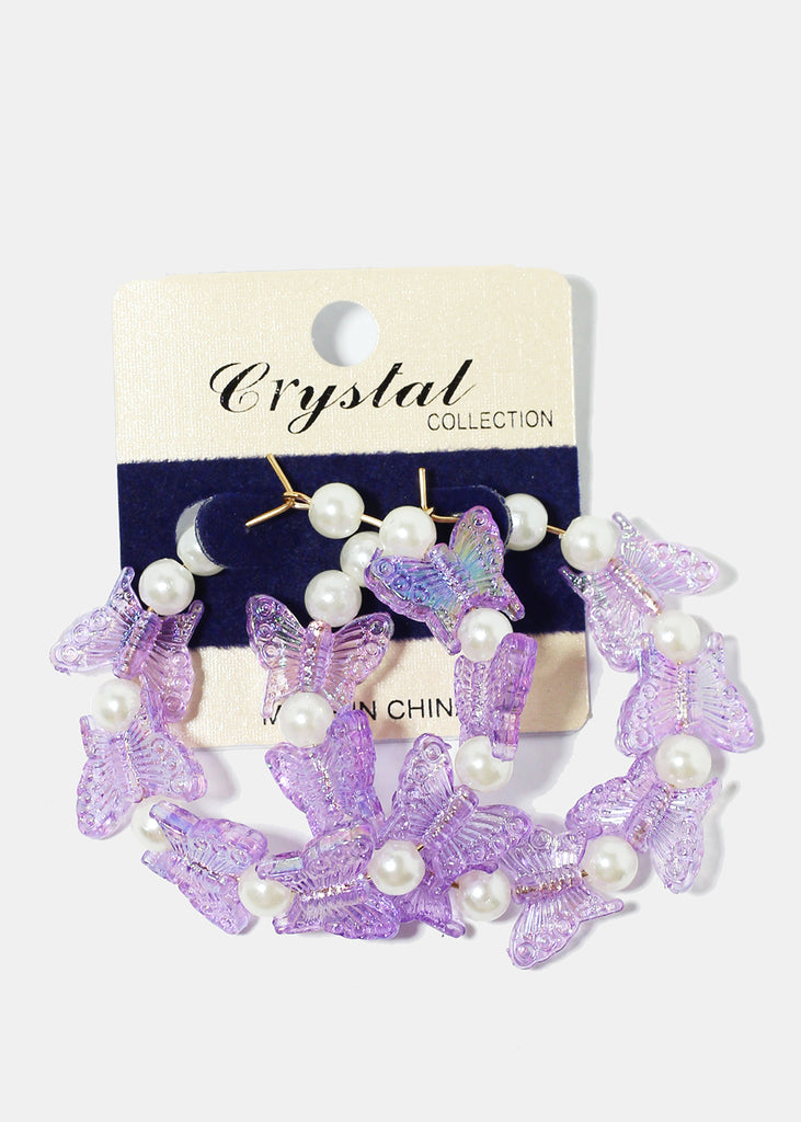 Butterfly & Pearl Hoop Earrings Purple JEWELRY - Shop Miss A