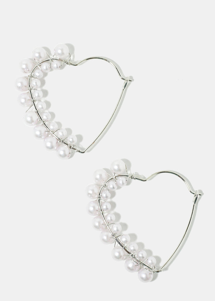 Pearl-Studded Heart Hoop Earrings Silver JEWELRY - Shop Miss A