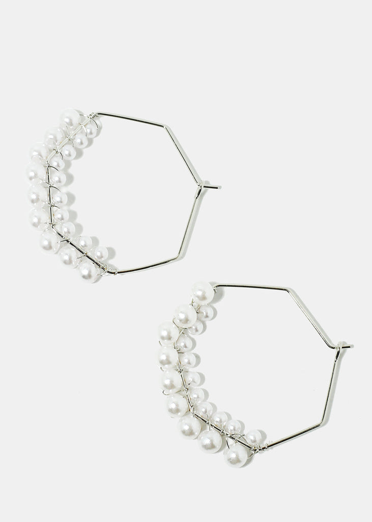 Pearl-Studded Geometric Hoop Earrings Silver JEWELRY - Shop Miss A