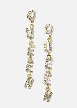Rhinestone-Studded "QUEEN" Dangle Earrings Gold JEWELRY - Shop Miss A