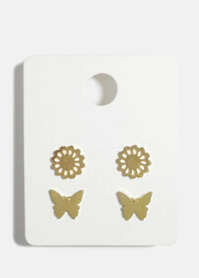 Flower and Butterfly Stud Earrings Gold JEWELRY - Shop Miss A