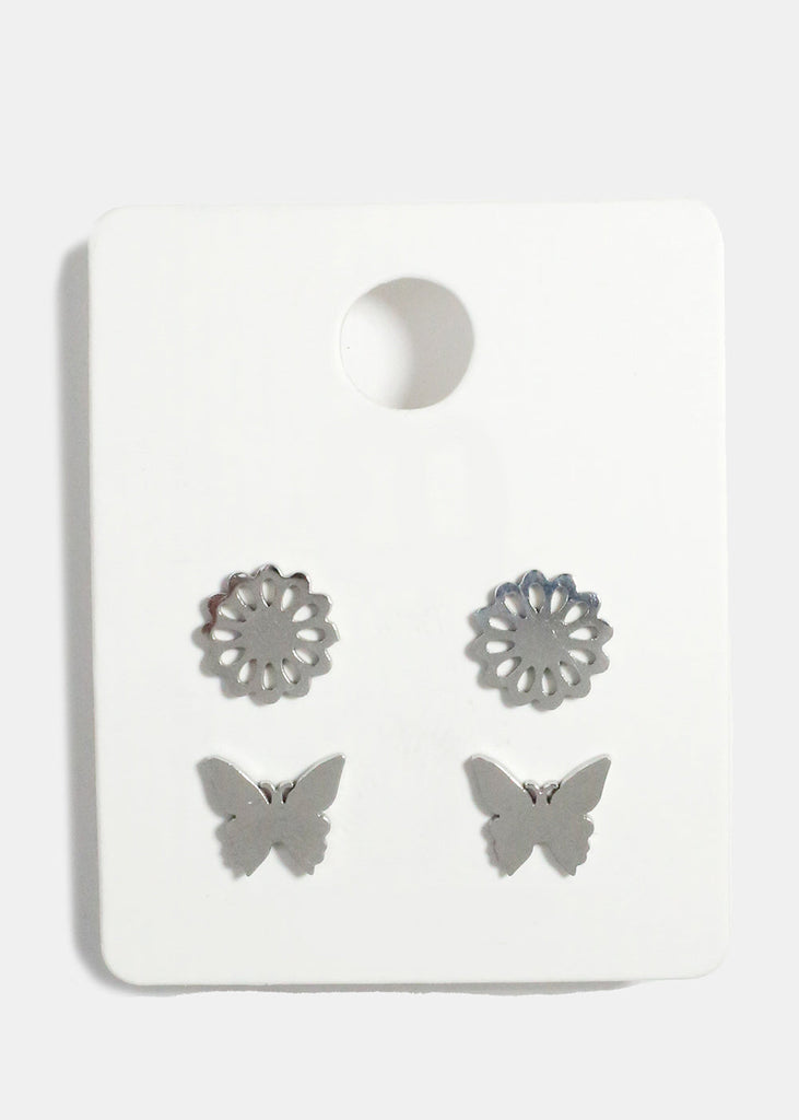 Flower and Butterfly Stud Earrings Silver JEWELRY - Shop Miss A