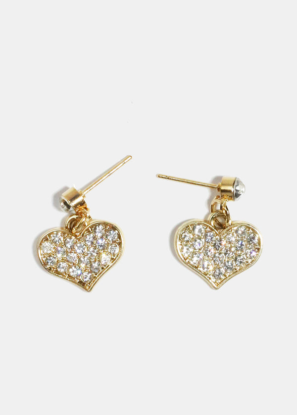Rhinestone Heart Dangle Earrings Gold JEWELRY - Shop Miss A
