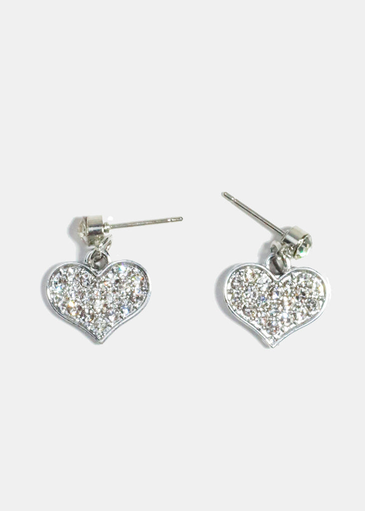 Rhinestone Heart Dangle Earrings Silver JEWELRY - Shop Miss A