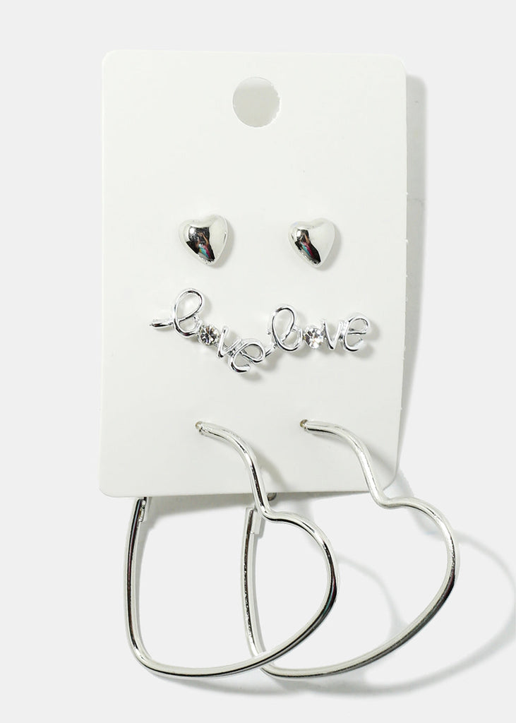 3-Pair Love Earrings Set Silver JEWELRY - Shop Miss A