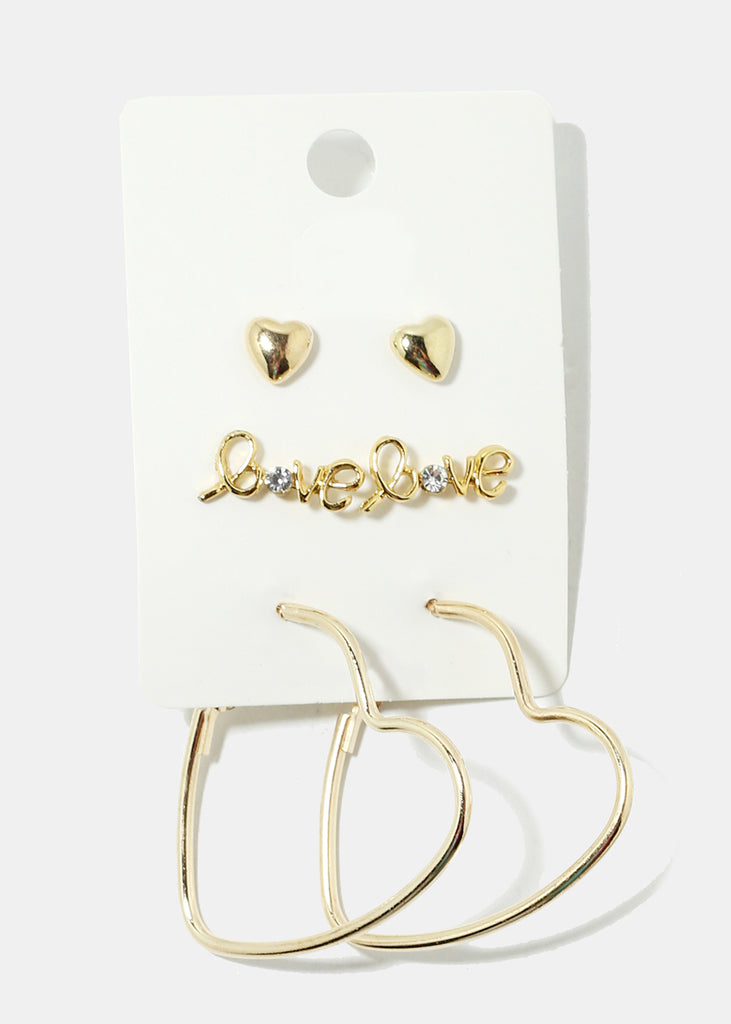 3-Pair Love Earrings Set Gold JEWELRY - Shop Miss A