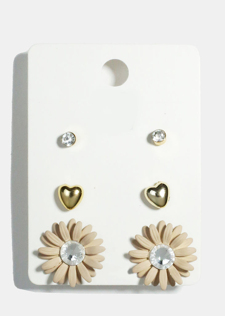 3 Pair Flower Stud Earrings Beige JEWELRY - Shop Miss A