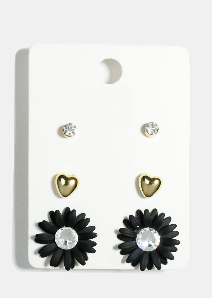 3 Pair Flower Stud Earrings Black JEWELRY - Shop Miss A