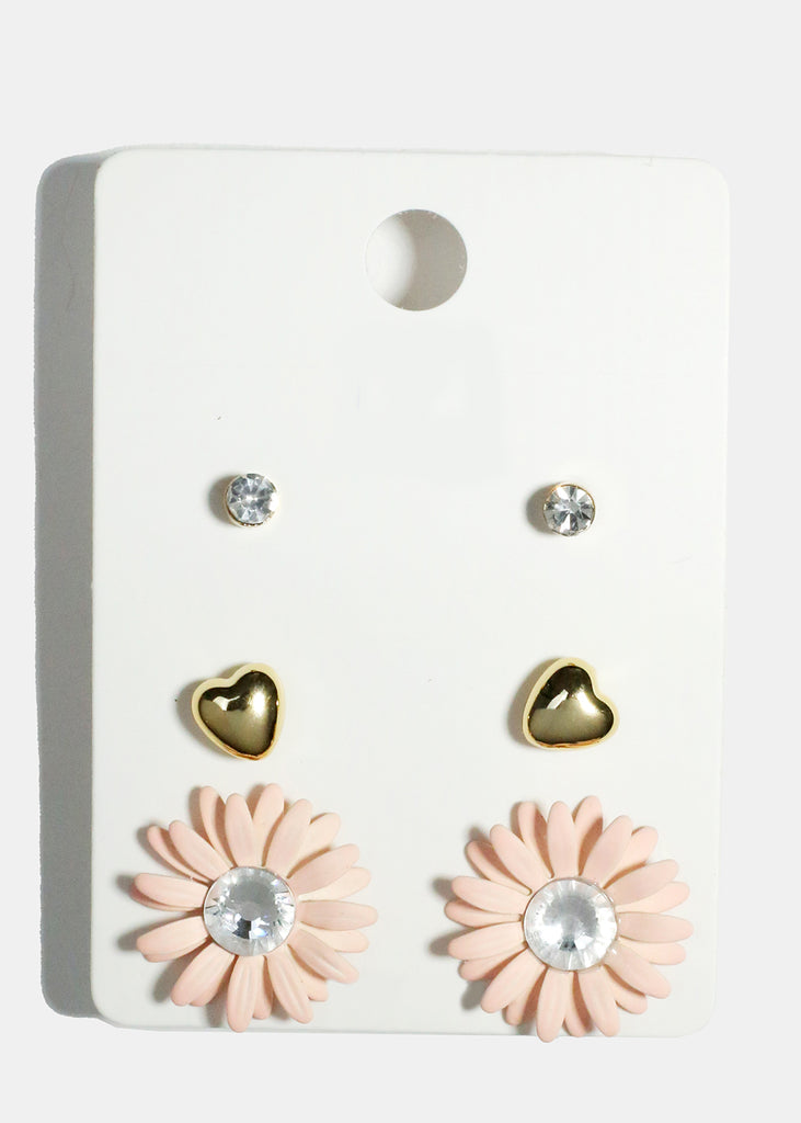 3 Pair Flower Stud Earrings Pink JEWELRY - Shop Miss A