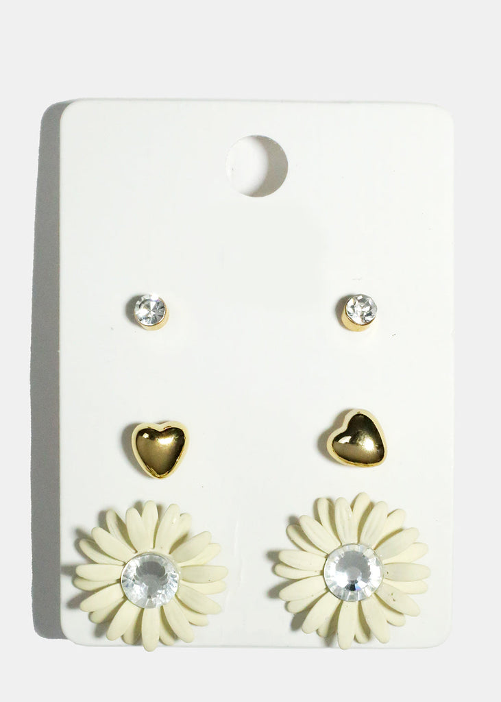 3 Pair Flower Stud Earrings Cream JEWELRY - Shop Miss A