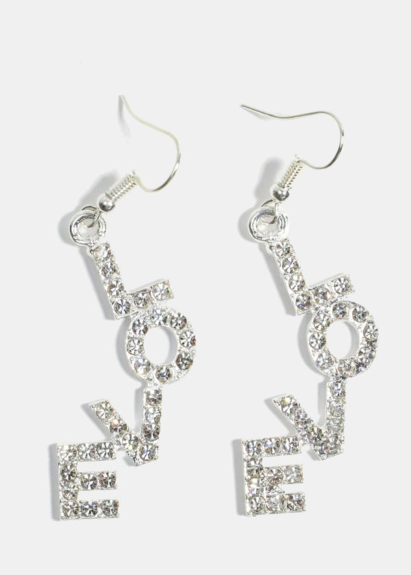 Rhinestone Studded "LOVE" Dangle Earrings Silver JEWELRY - Shop Miss A