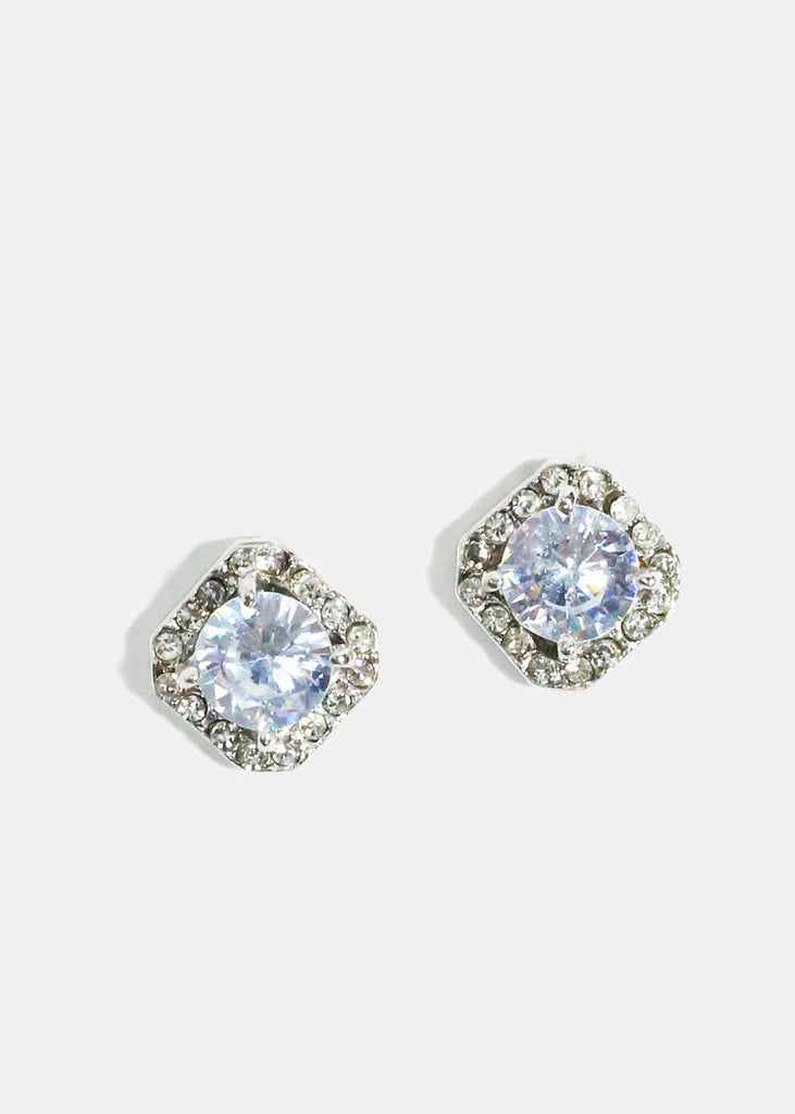 Square Rhinestone Studded Stud Earrings Silver JEWELRY - Shop Miss A