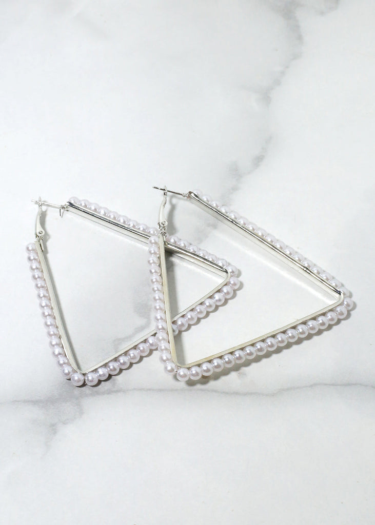 Pearl-Studded Triangle Earrings Silver JEWELRY - Shop Miss A