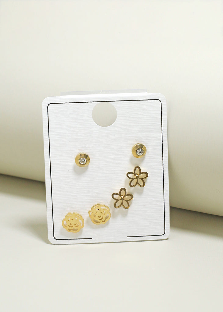 3-Pair Flower & Rose Stud Earrings Gold JEWELRY - Shop Miss A
