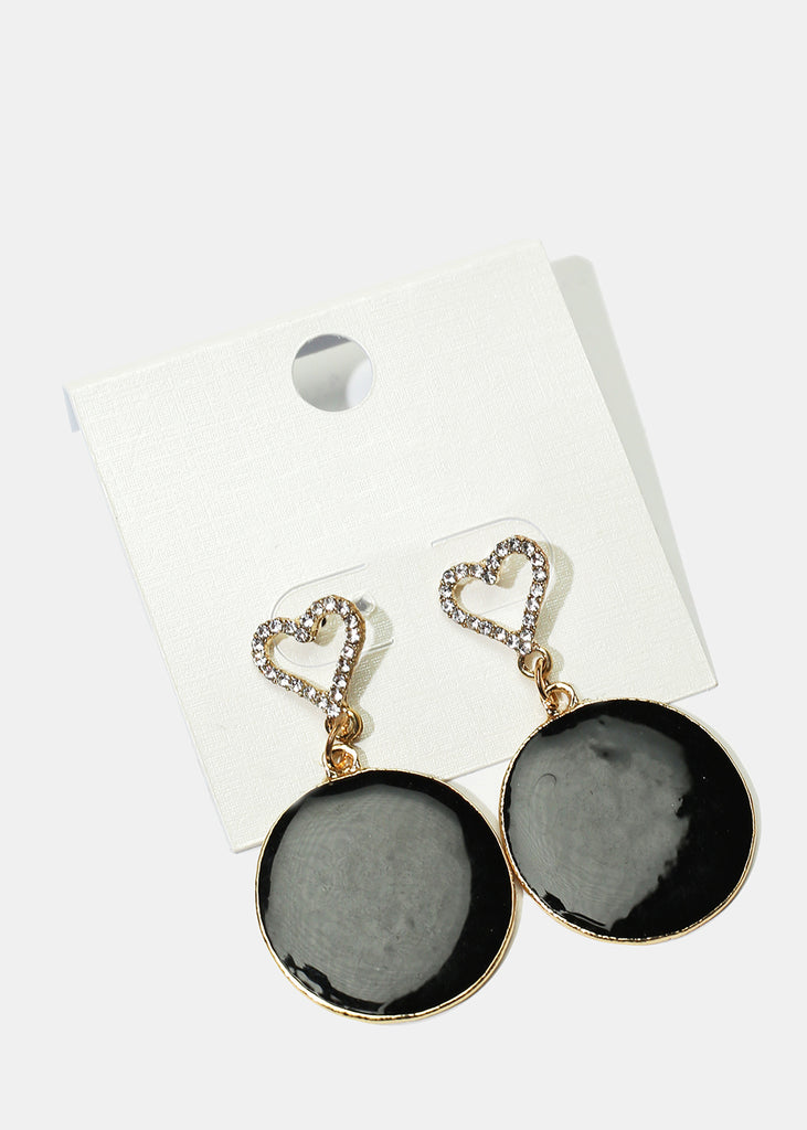 Rhinestone Heart & Enamel Disc Earrings Gold Black JEWELRY - Shop Miss A