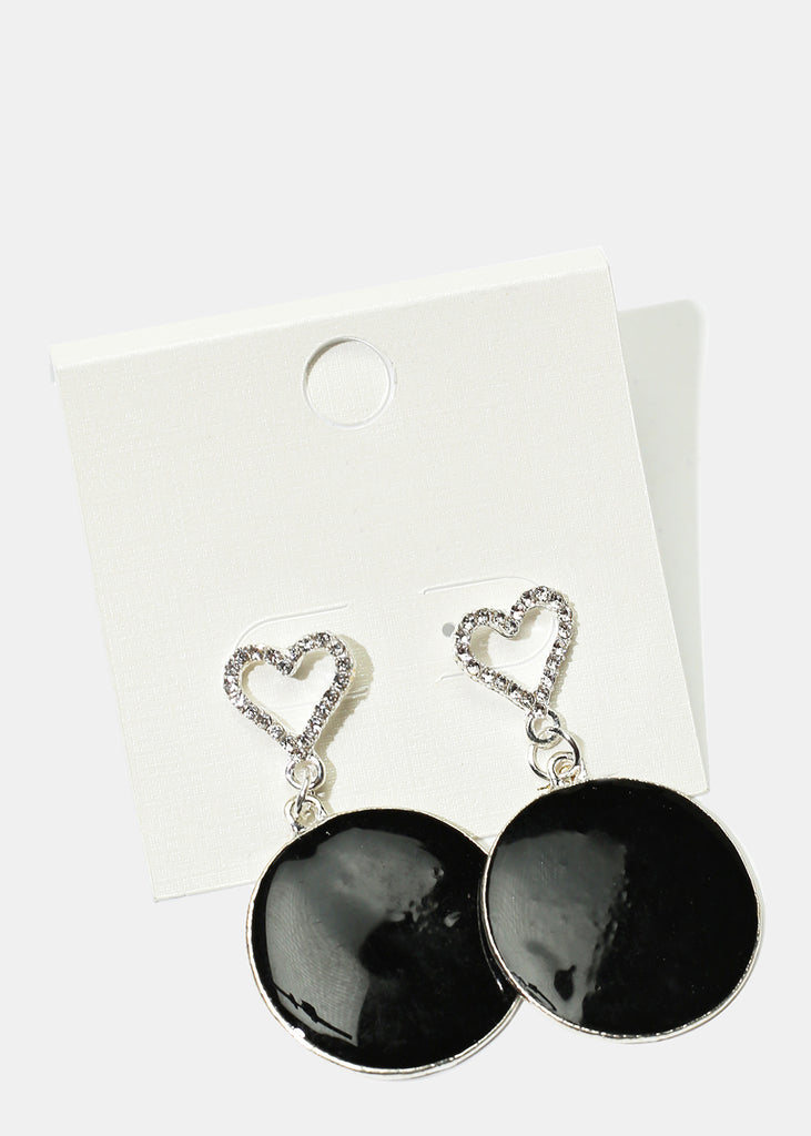 Rhinestone Heart & Enamel Disc Earrings Silver Black JEWELRY - Shop Miss A