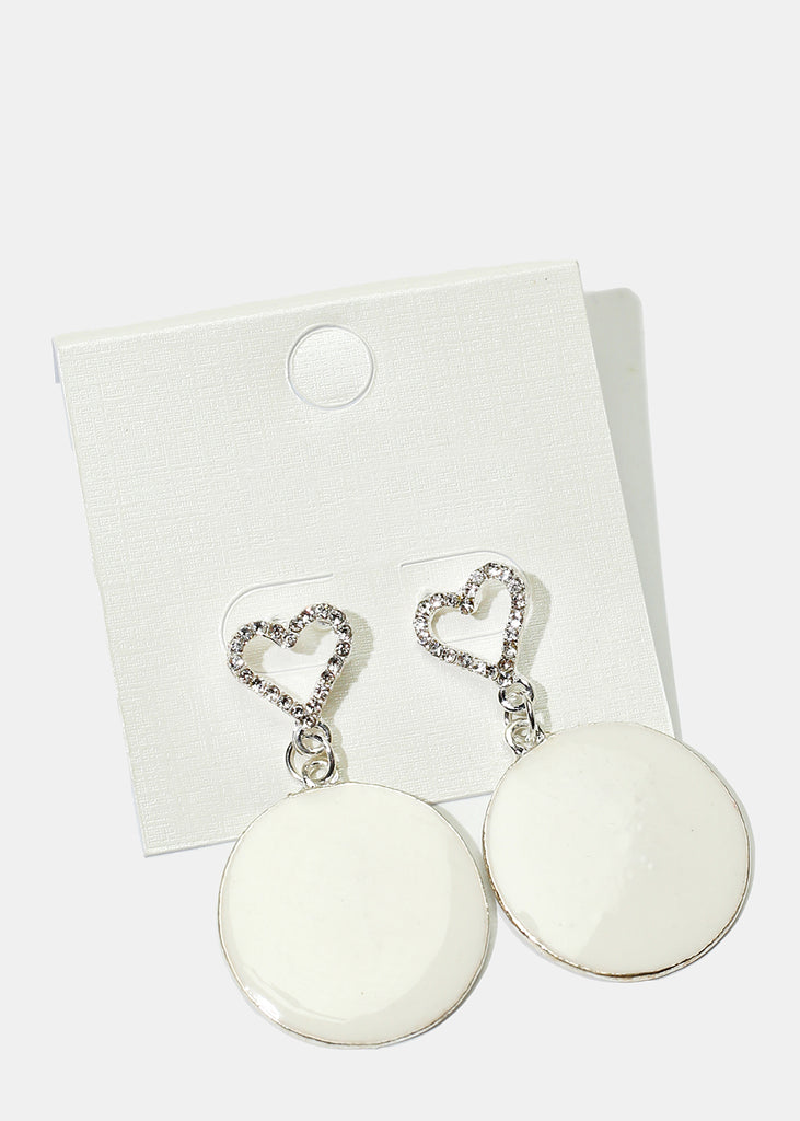 Rhinestone Heart & Enamel Disc Earrings Silver Cream JEWELRY - Shop Miss A