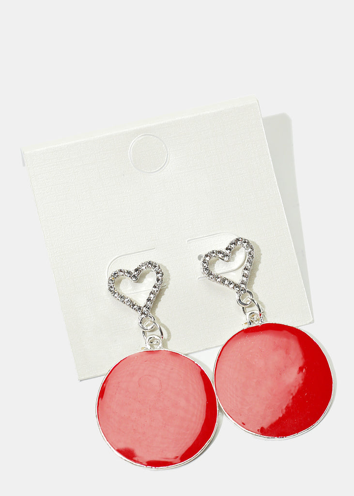 Rhinestone Heart & Enamel Disc Earrings Silver Red JEWELRY - Shop Miss A