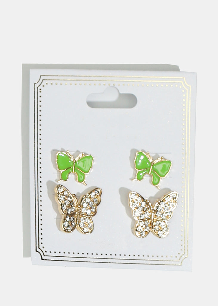 2-Pair Rhinestone-Studded & Enamel Stud Earrings Green JEWELRY - Shop Miss A