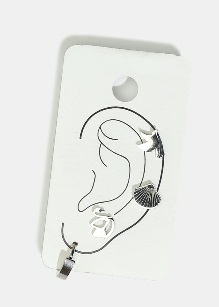 4-Piece Bird & Shell Stud Earrings Silver JEWELRY - Shop Miss A