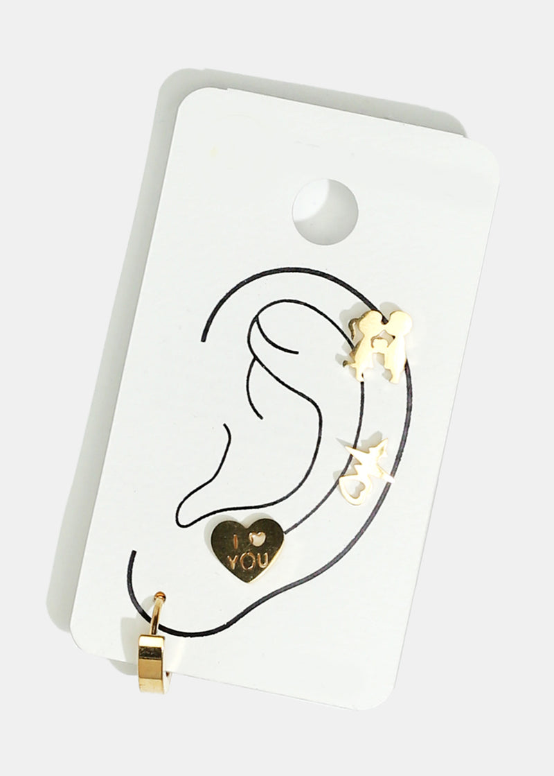 4-Piece Couple & Heart Stud Earrings Gold JEWELRY - Shop Miss A