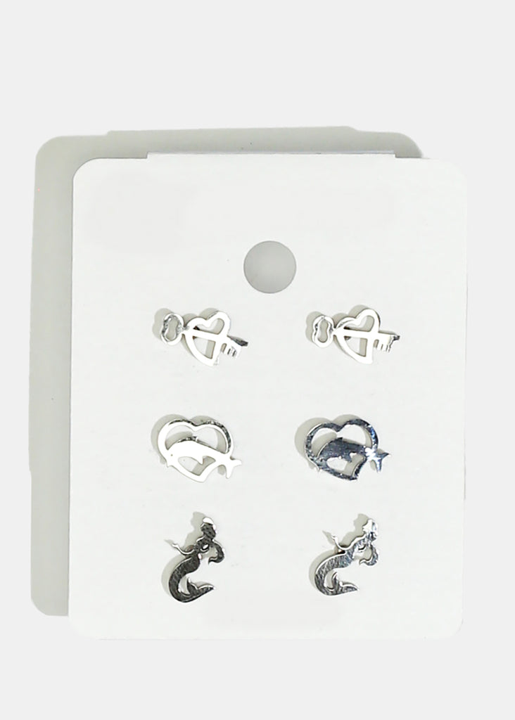 3-Pair Heart & Dolphin Stud Earrings Silver JEWELRY - Shop Miss A