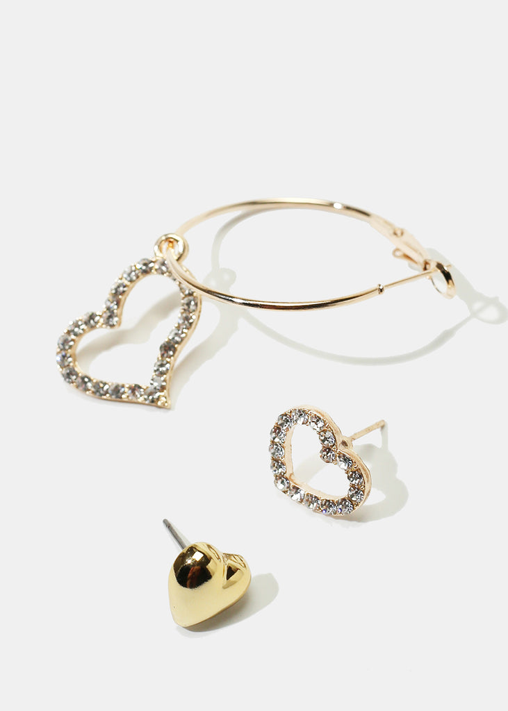 3-Pair Heart Stud & Hoop Earrings Gold JEWELRY - Shop Miss A