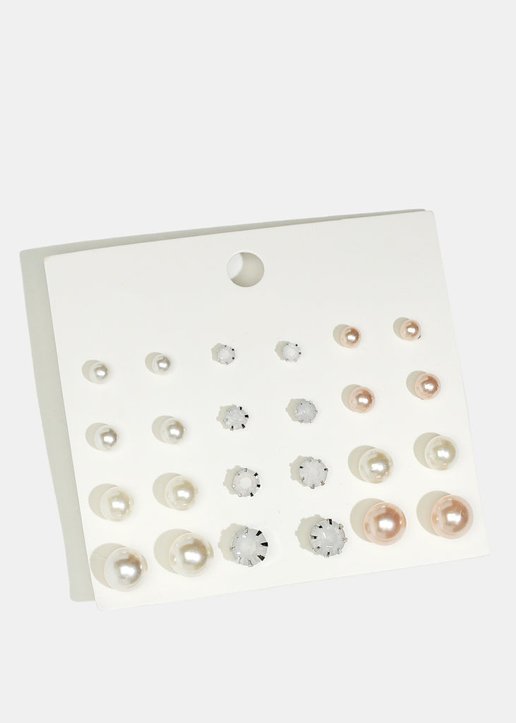 12-Pair Pearl & Gemstone Stud Earrings Pink JEWELRY - Shop Miss A