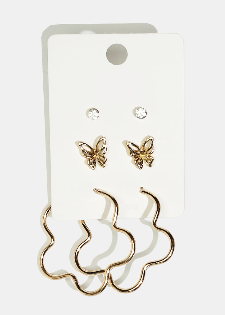 3-Pair Butterfly & Flower Hoop Earrings Gold JEWELRY - Shop Miss A