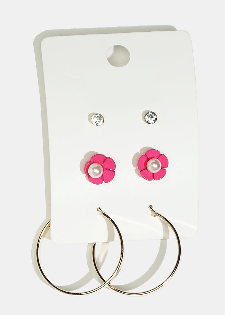 3-Pair Flower Stud & Hoop Earrings Pink JEWELRY - Shop Miss A