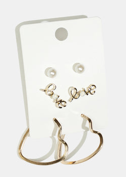 3-Pair "LOVE" & Heart Hoop Earrings Gold JEWELRY - Shop Miss A