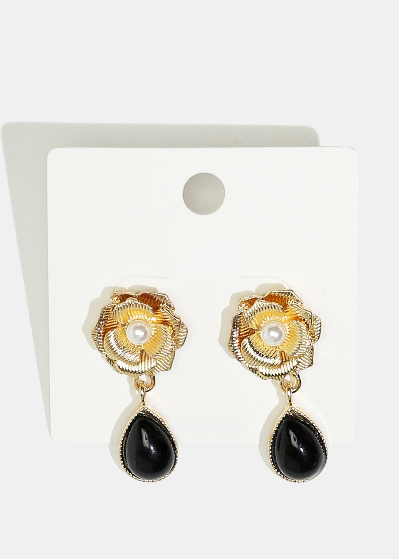 Rose & Teardrop Stone Dangle Earrings Black JEWELRY - Shop Miss A