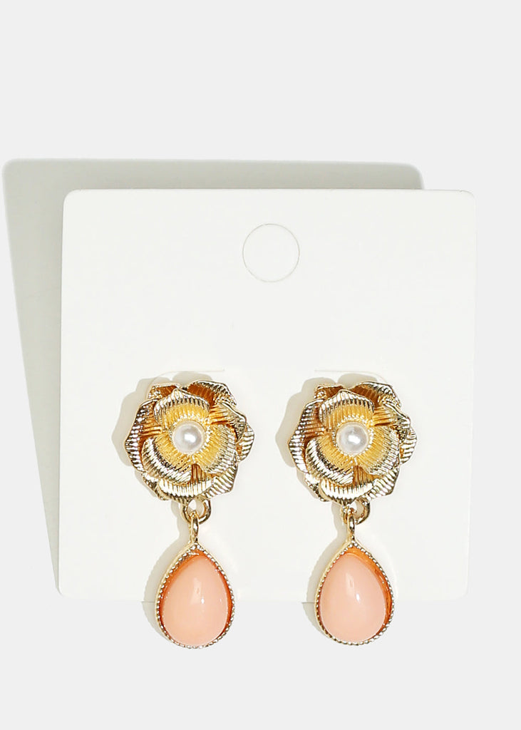 Rose & Teardrop Stone Dangle Earrings Pink JEWELRY - Shop Miss A