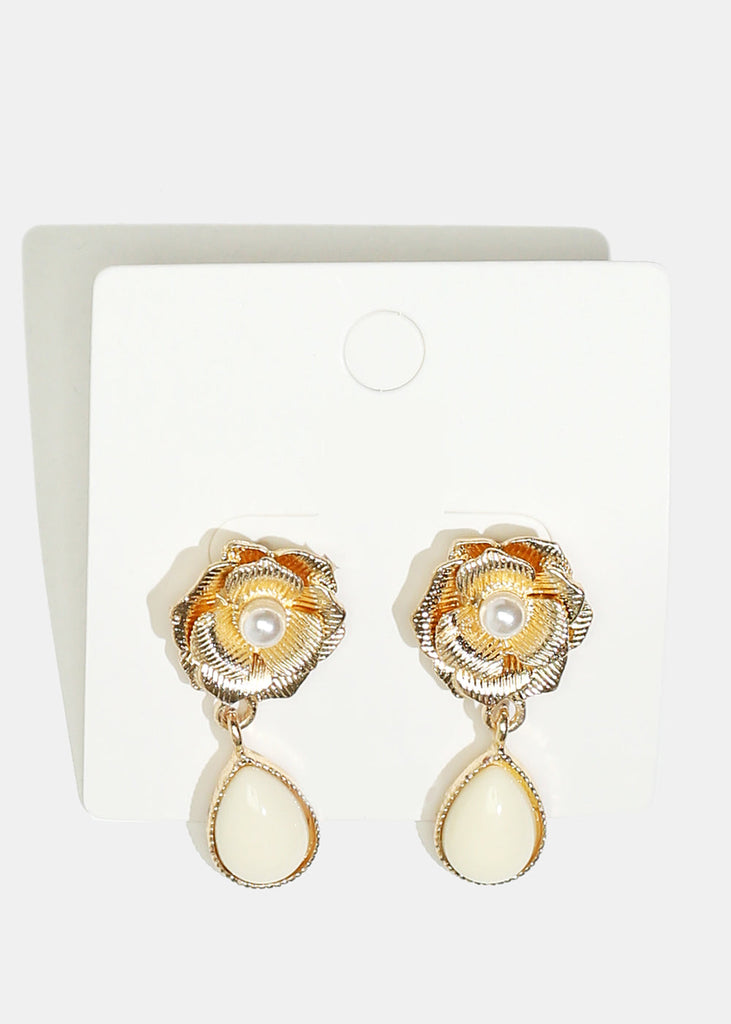 Rose & Teardrop Stone Dangle Earrings White JEWELRY - Shop Miss A