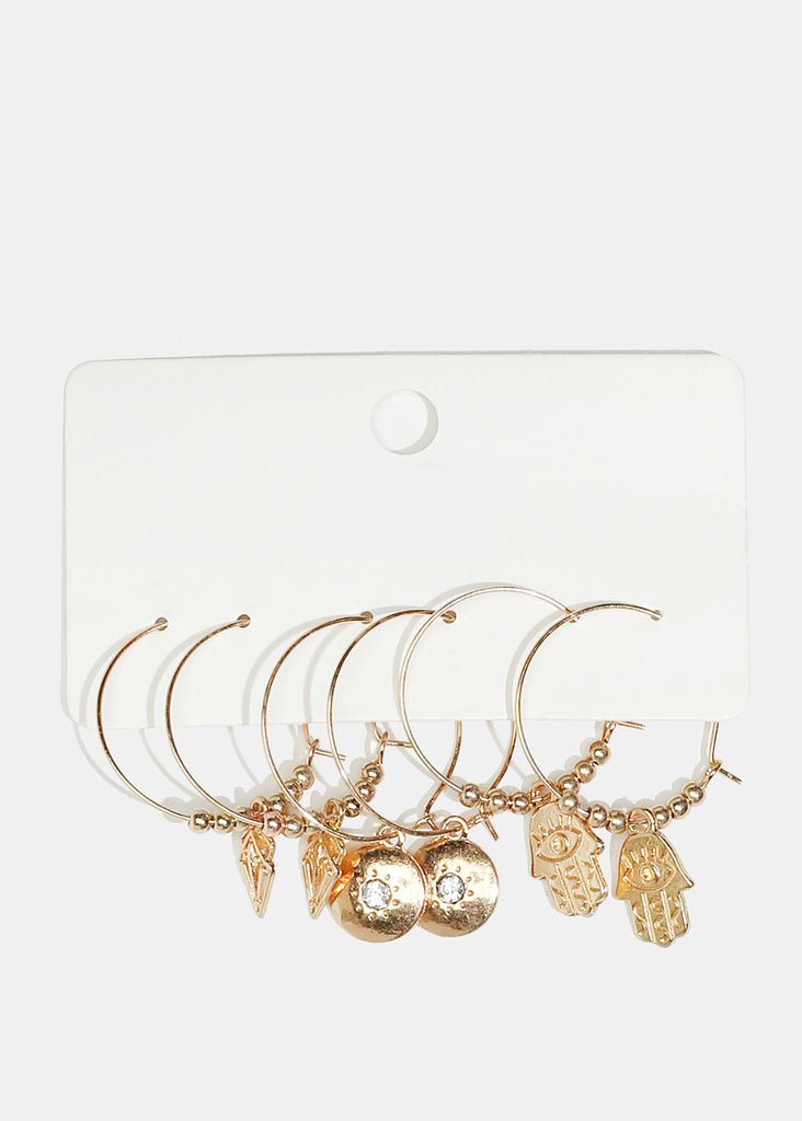 3-Pair Multi-Charm Hoop Earrings Gold JEWELRY - Shop Miss A