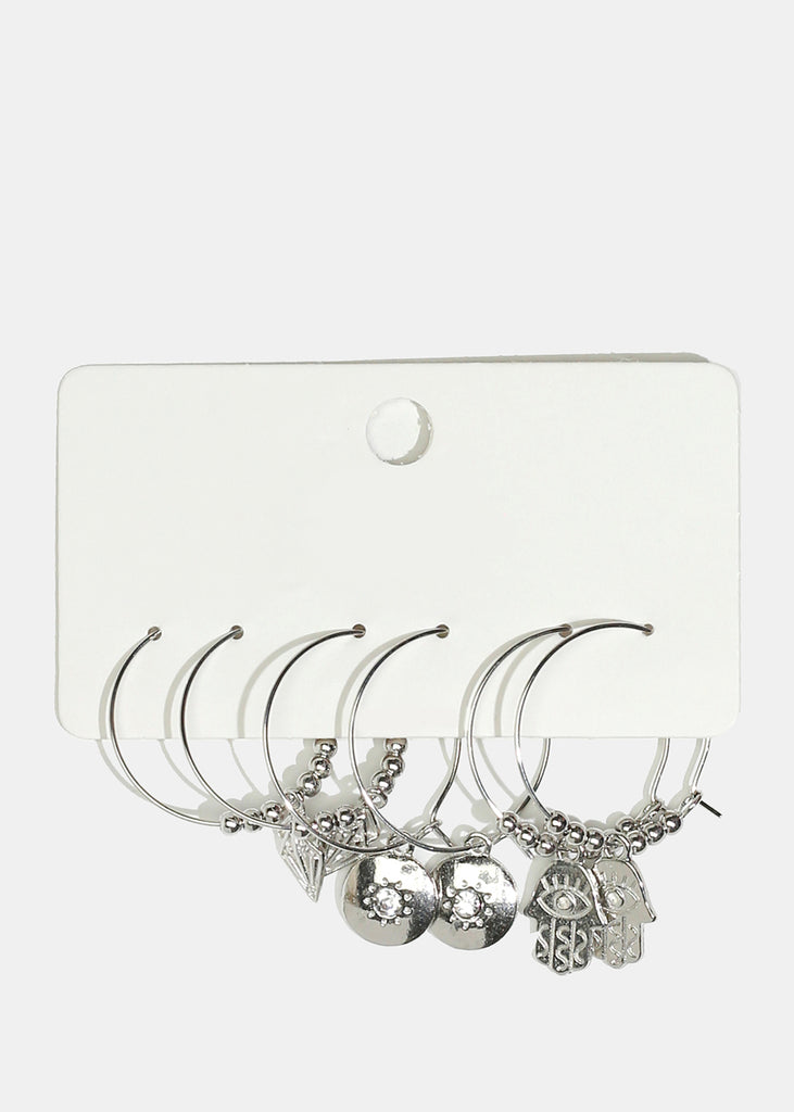 3-Pair Multi-Charm Hoop Earrings Silver JEWELRY - Shop Miss A