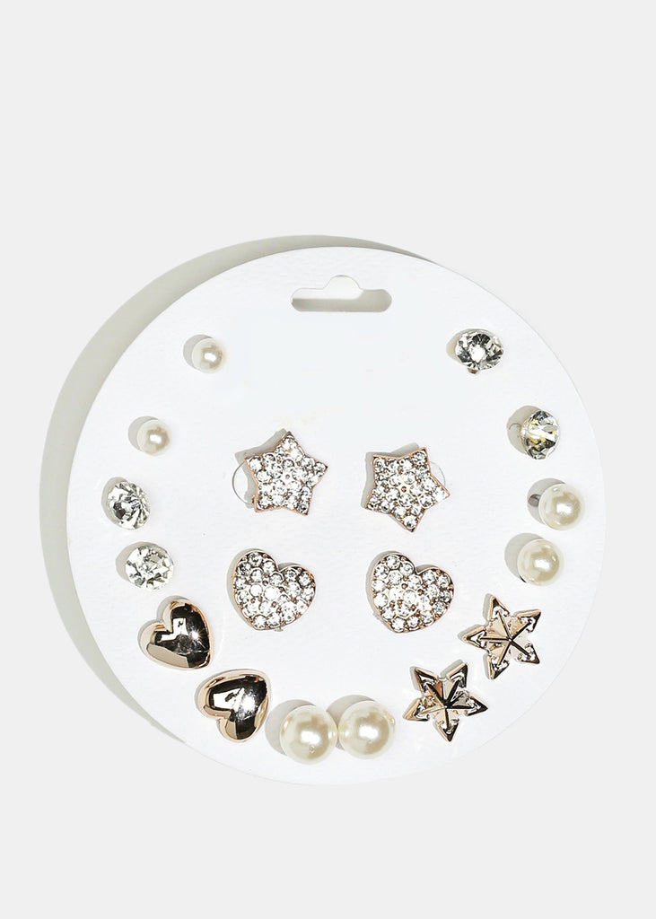9-Pair Multi-Design Stud Earrings Gold JEWELRY - Shop Miss A
