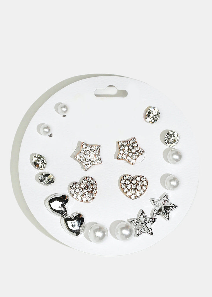 9-Pair Multi-Design Stud Earrings Silver JEWELRY - Shop Miss A