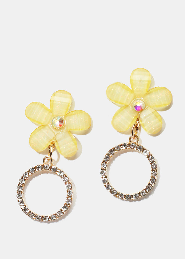 Rhinestone Circle & Flower Stud Earrings Yellow JEWELRY - Shop Miss A