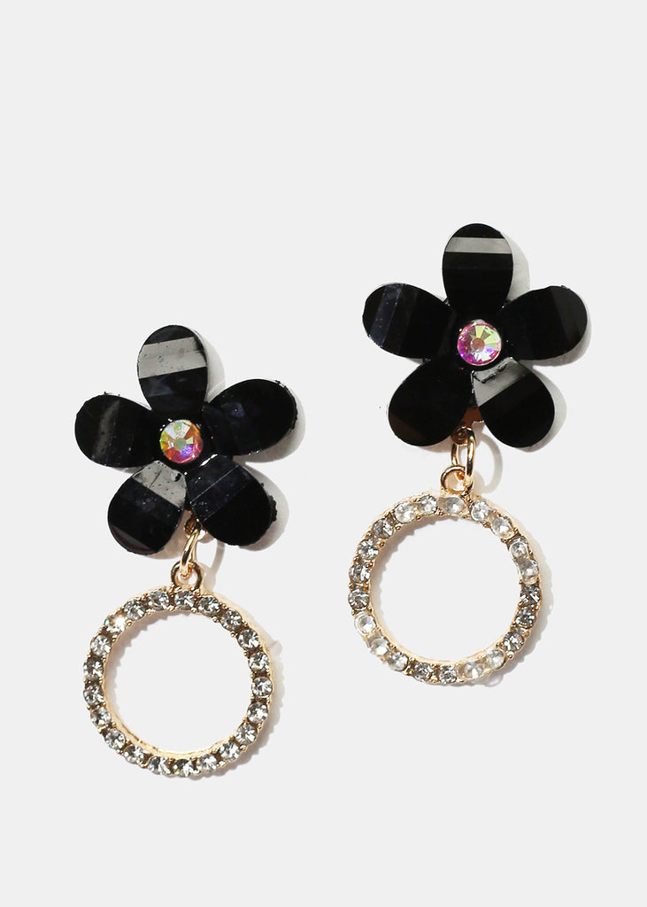 Rhinestone Circle & Flower Stud Earrings Black JEWELRY - Shop Miss A
