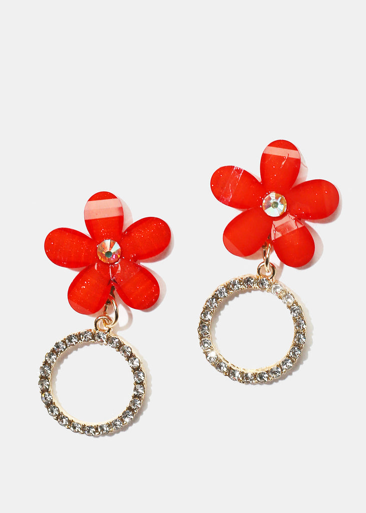 Rhinestone Circle & Flower Stud Earrings Red JEWELRY - Shop Miss A