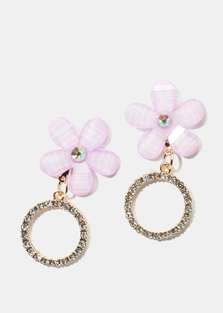 Rhinestone Circle & Flower Stud Earrings Purple JEWELRY - Shop Miss A
