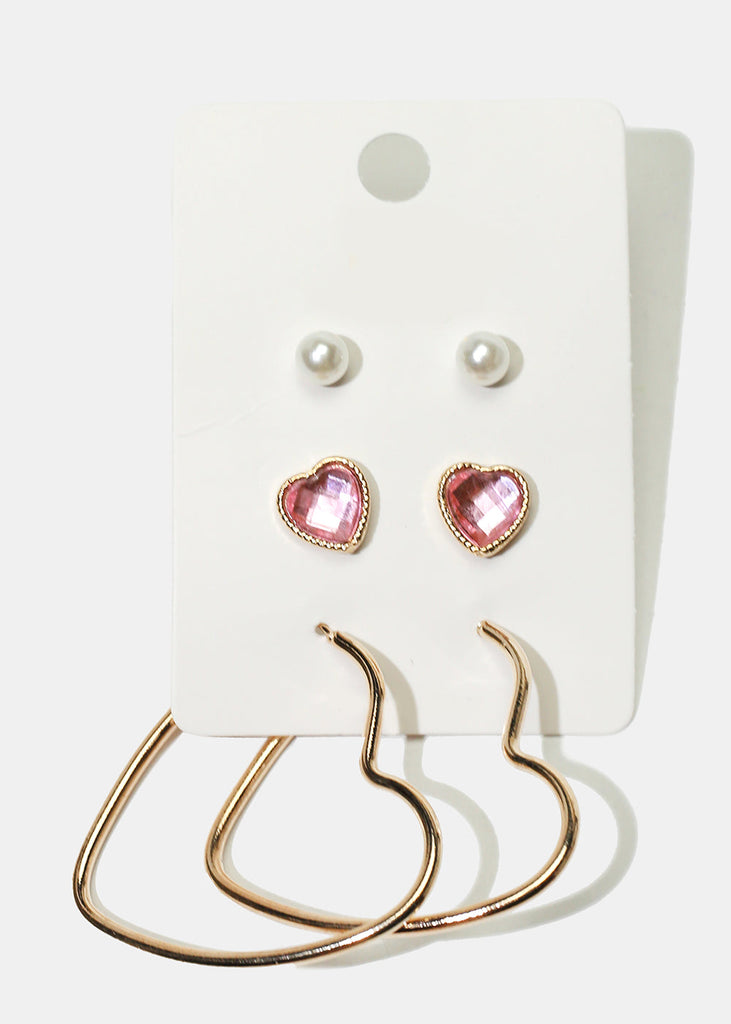 3-Pair Heart Earrings Gold Pink JEWELRY - Shop Miss A
