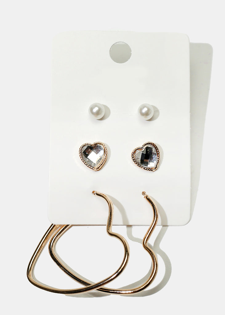 3-Pair Heart Earrings Gold Clear JEWELRY - Shop Miss A