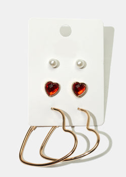 3-Pair Heart Earrings Gold Red JEWELRY - Shop Miss A